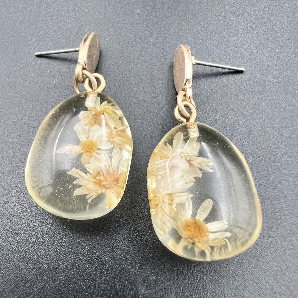 Pressed Flower Resin Drop Earrings OS Gold‎ White EX